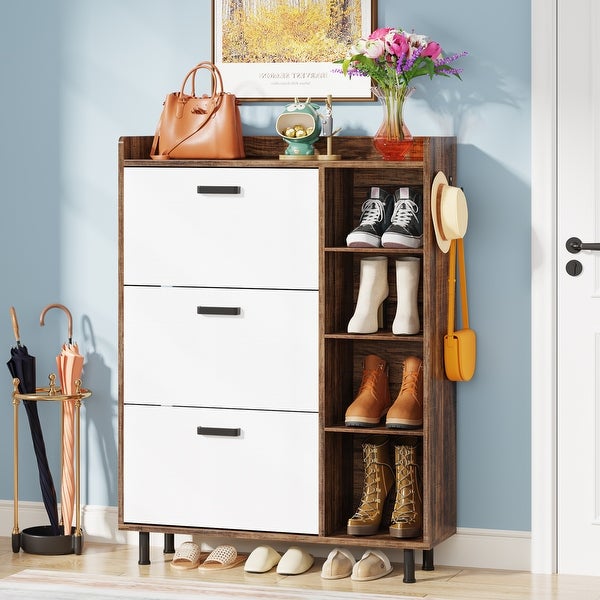 Shoe Storage Cabinet with 3 Flip Drawers and 5 Tiers shelves， Freestanding Wooden Tipping Bucket Shoes Organizer Cabinets - - 35444566