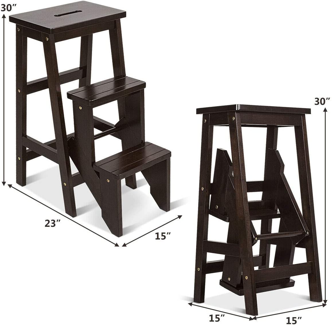 Folding Step Stool 3 Tier Wood Ladder, 3-in-1 Design with Ladder