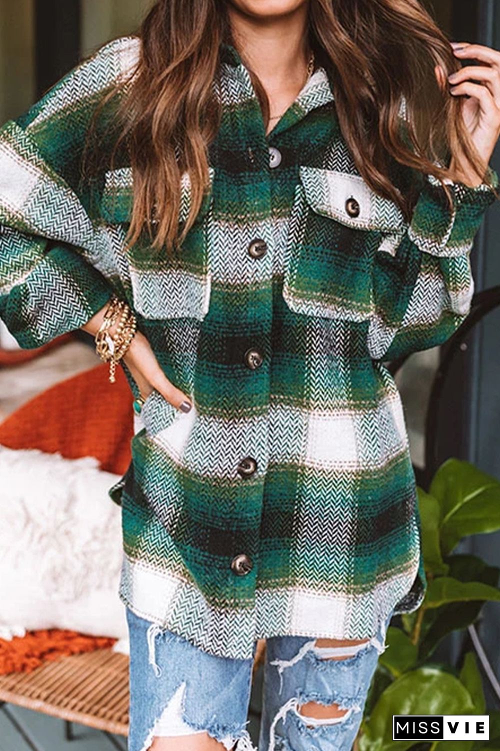 Plaid Pocket Open Button Jackets