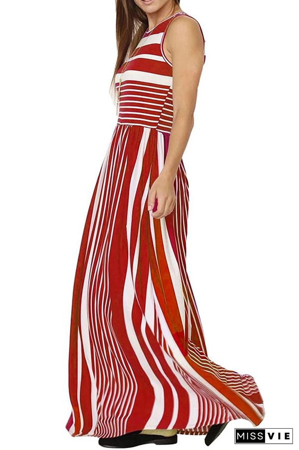 Mixed Color Sleeveless Stripe High Waist Maxi Dress