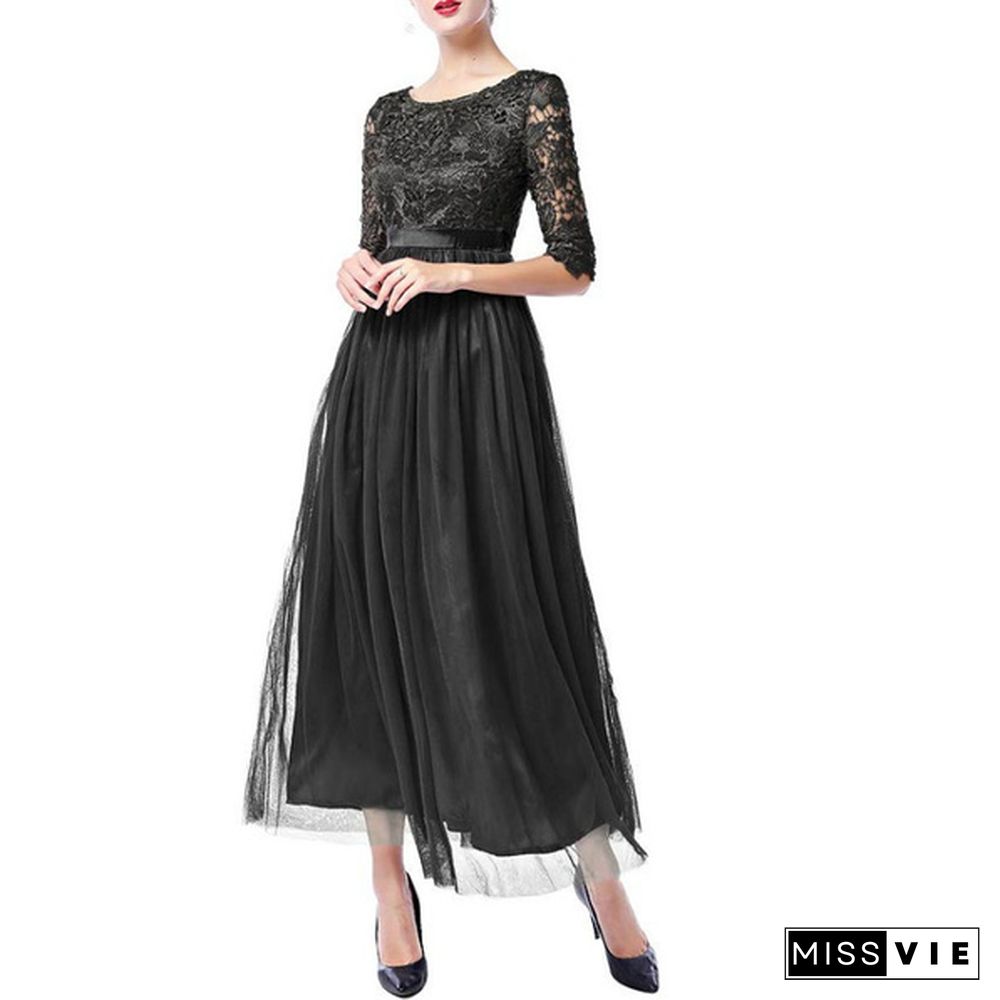 Women's Vintage Floral Lace 3/4 Sleeves Floor Length Retro Evening Cocktail Formal Bridesmaid Gown Long Maxi Dress