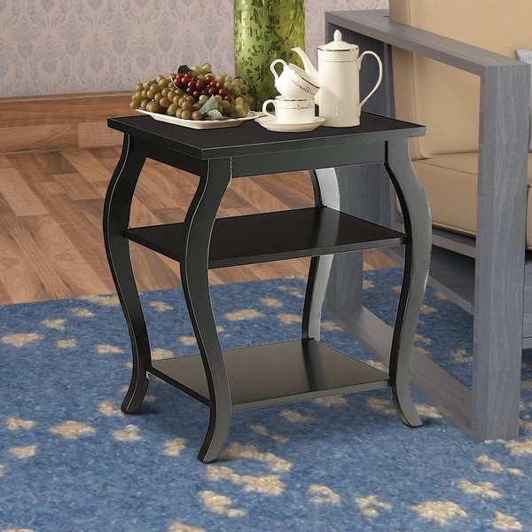 Wooden End Table with 2 Open Shelves and Cabriole Legs， Black