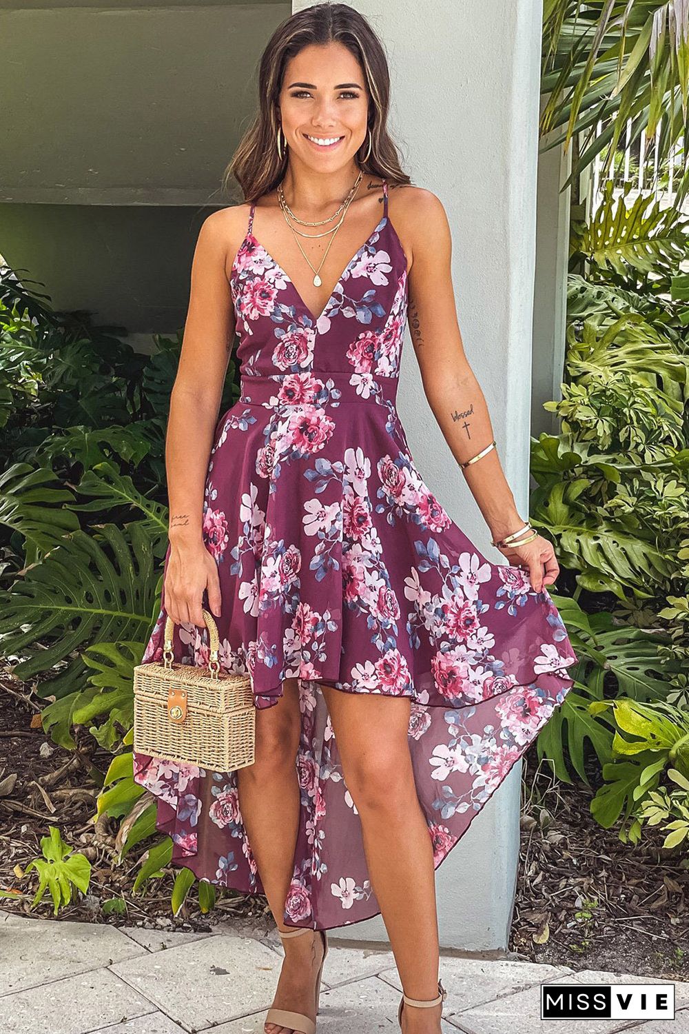 Burgundy Floral High-low Dress with Lace Back