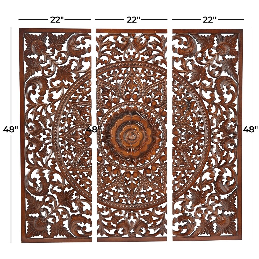 Wood Bohemian Carved Floral Wall Decor ( Set of 3)