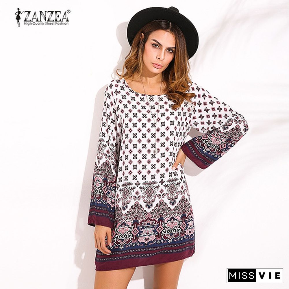 Zanzea Women Round Neck Floral Print Mini Dress Boho Ladies Casual Loose Long Tops Shirt Blouse