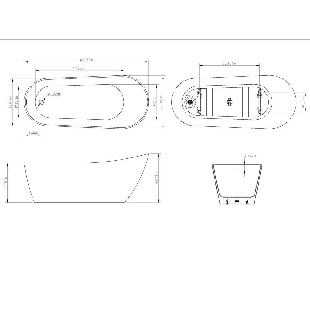 AKDY 67 in. Acrylic Single Slipper Flatbottom Non-Whirlpool Bathtub in Glossy White BT0091