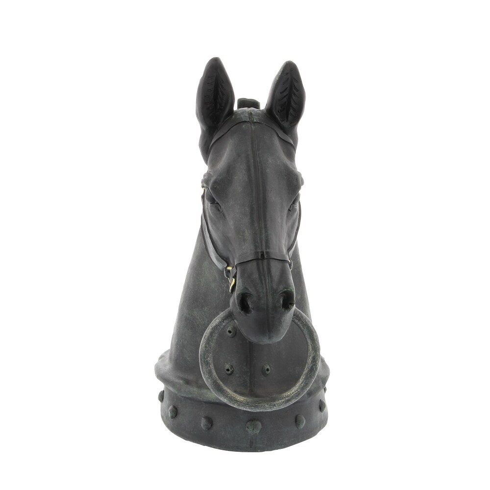 Black Polystone Antique Style Head Horse Sculpture with Hitching Post and Gold Accents   9 x 6 x 12