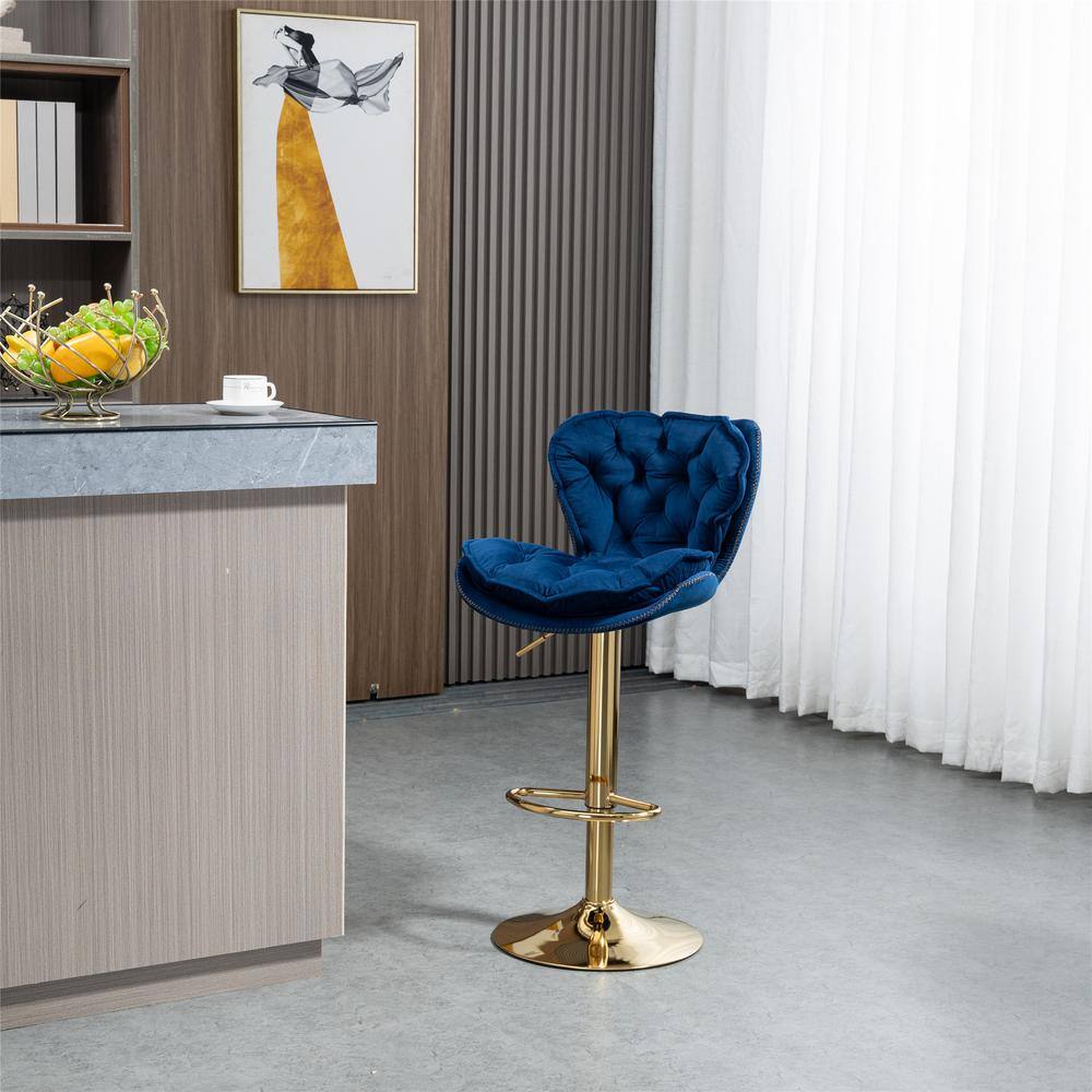 HOMEFUN 44 in. Navy Blue Velvet Swivel Low Back Matal Frame Adjustable Cushioned Counter Height Bar Stool (Set of 2) HFHDSN-883NY-2