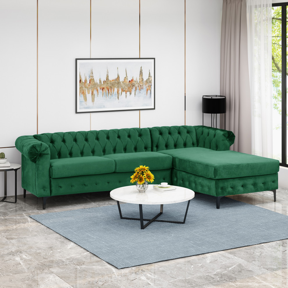 Nathanial Velvet 3 Seater Sectional Sofa With Chaise Lounge   Contemporary   Sectional Sofas   by GDFStudio  Houzz