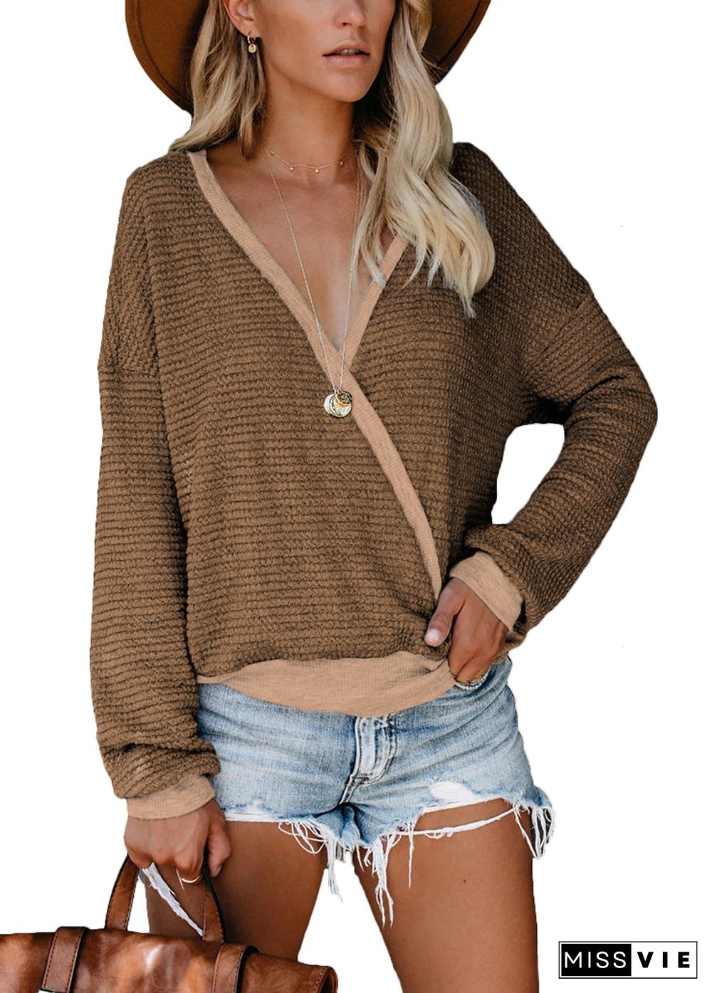 Brown Waffle Knit V Neck Sweatshirt