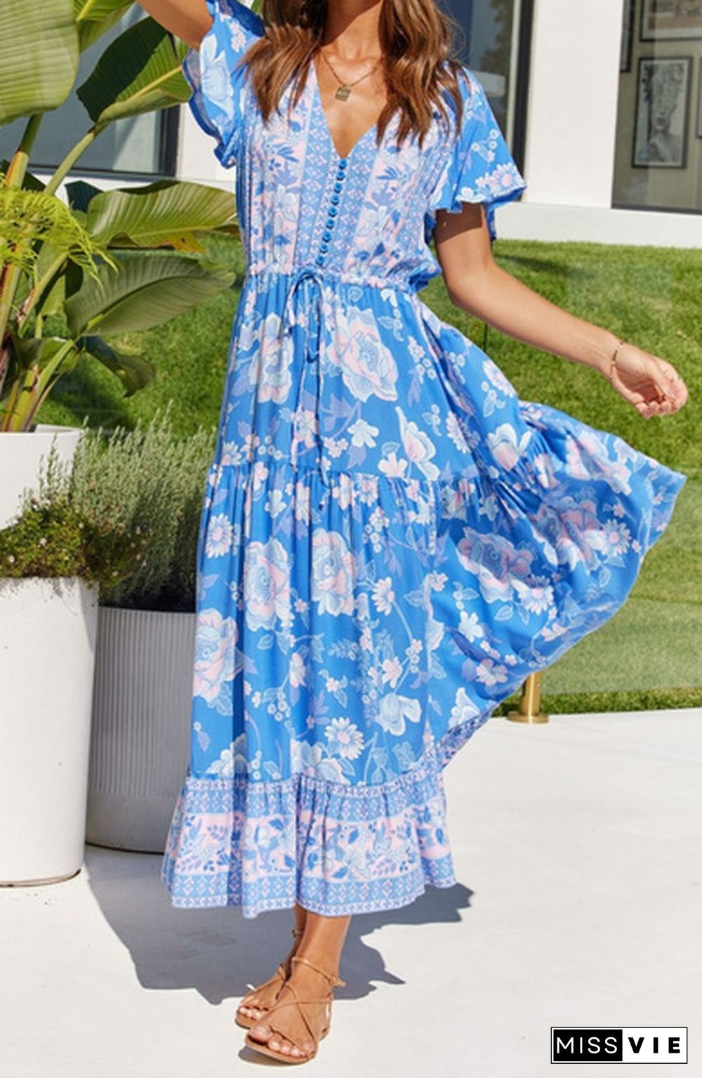 Women's Fashion Casual Flower Print Dresses Spring Summer Dresses Short Sleeve Dress Long Dress Plus Size Dress