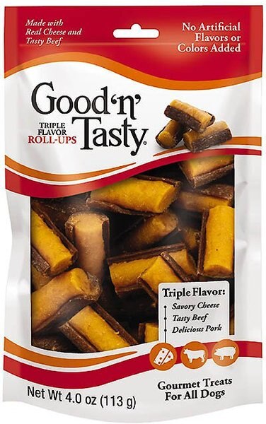 Good 'n' Tasty Triple Flavor Roll-Ups Dog Treats， 4-oz bag