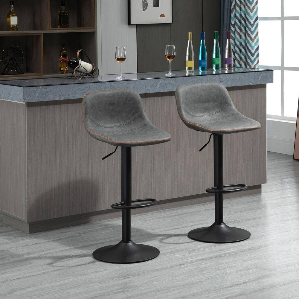 HOMCOM 41.75 in. Grey Low Back Metal Bar Height Swivel Bar Stool with PU Leather Seat (Set of 2) 835-327GY