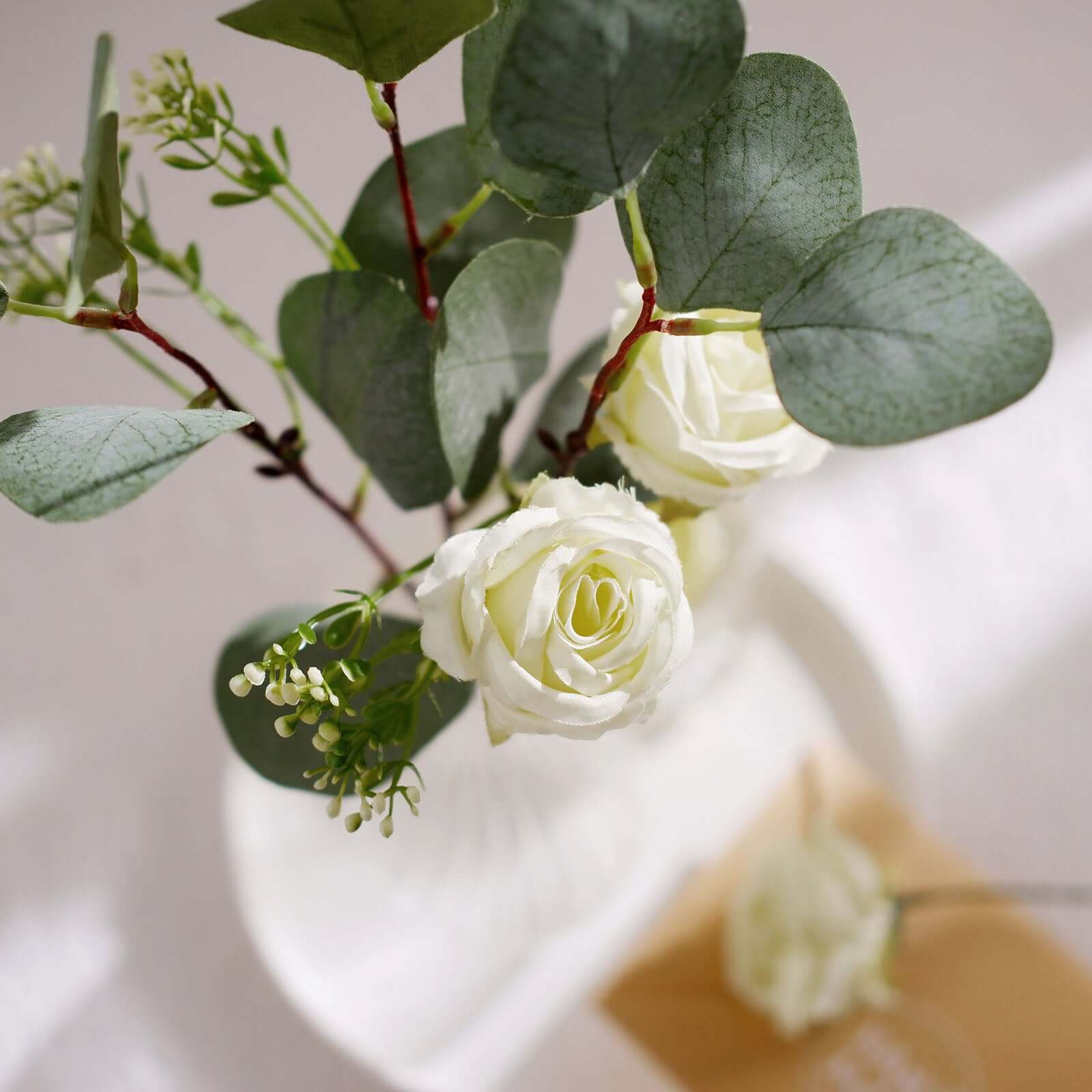 Ivory Artificial Silk Rose and Eucalyptus Flower Bouquet Arrangement 15