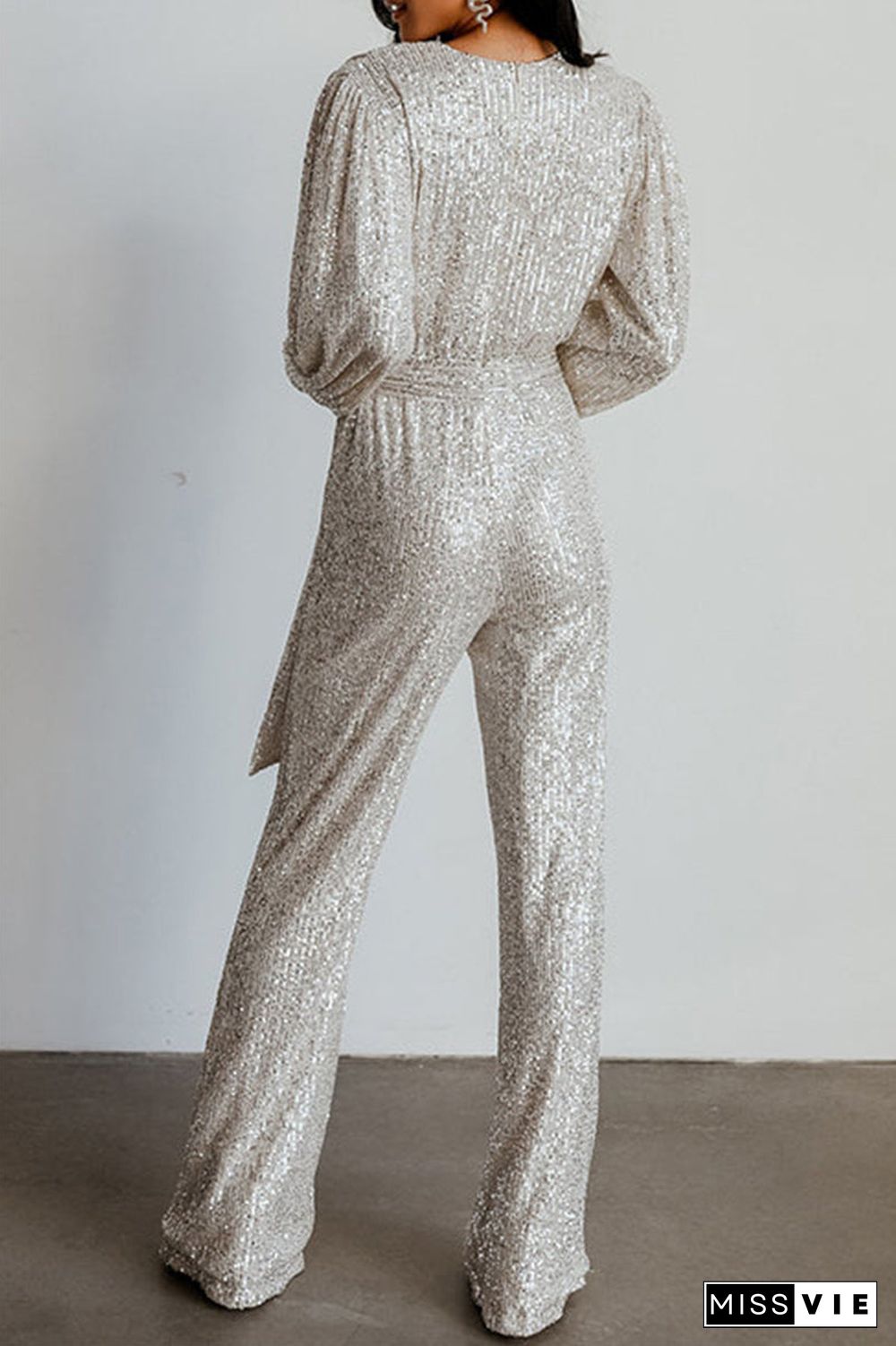 Casual Elegant Solid Sequins V Neck Regular Jumpsuits