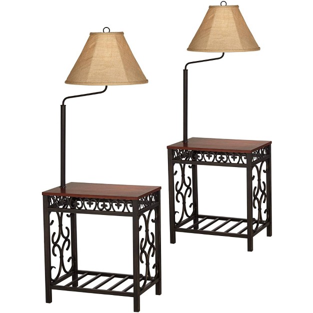 Tall Set Of 2 Bronze Scrollwork Swing Arm Burlap Fabric Shade For Living Room Home