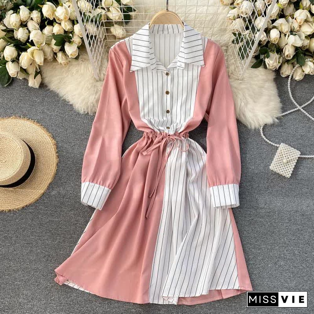 Colorblock Stripe Print Drawstring Long Sleeve Lapel Shirt Dress