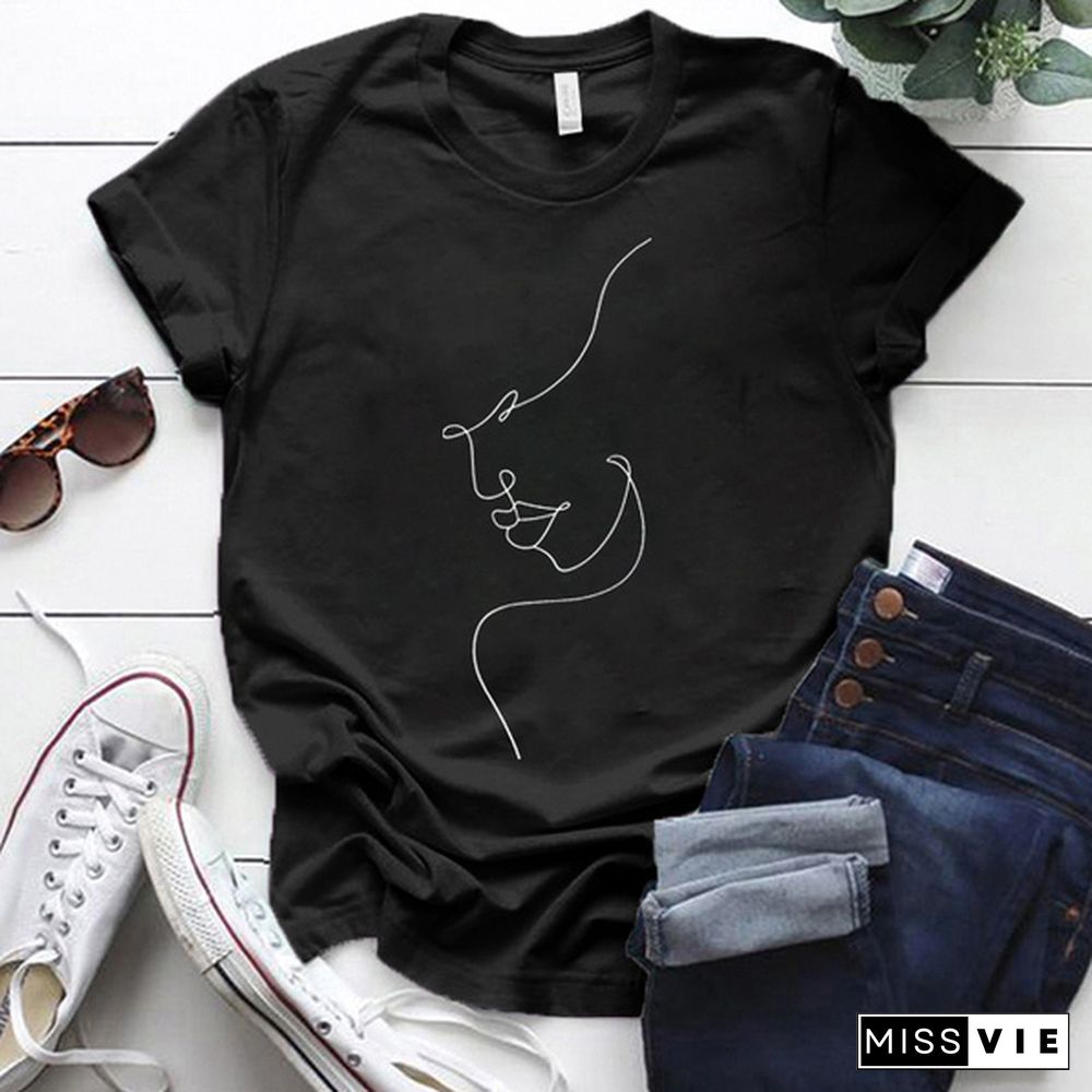 Cute Line Print T-shirts For Women Summer Lovely Short Sleeve Casual Round Neck T-shirts Ladies Creative Personalized Tops