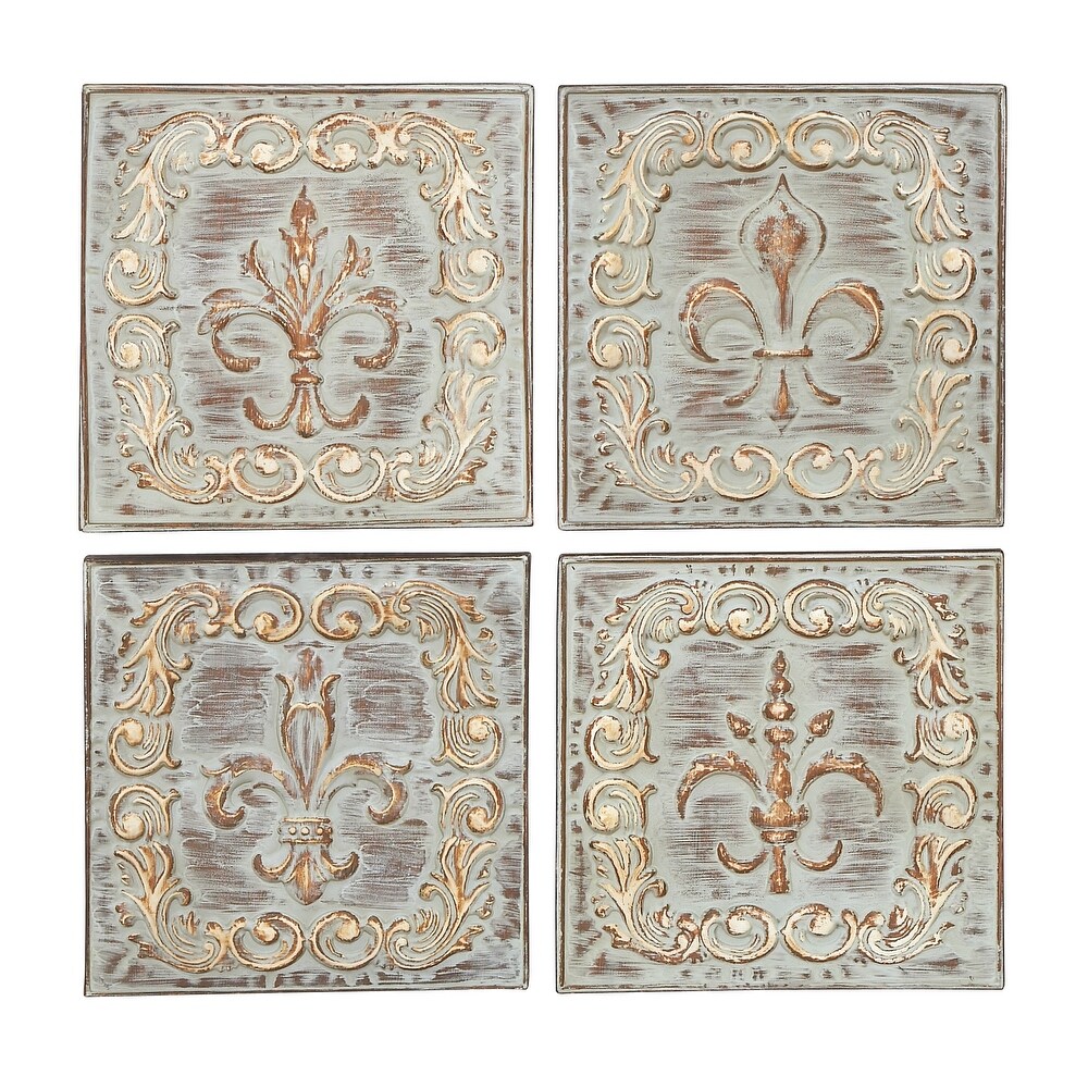 Brass Metal Embossed Fleur De Lis Wall Decor (Set of 4)