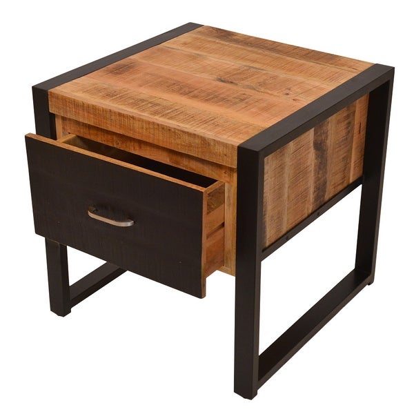 24 Inch Single Drawer Wooden Side Table with Metal Frame， Brown and Black