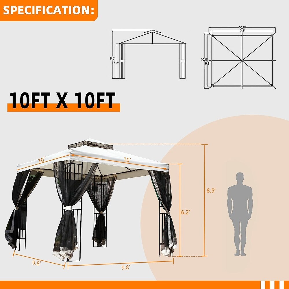 Outdoor Gazebo 10x10ft  Garden Gazebo Tent for Parties with Netting  Double Roof  Steel Structure   Ideal for Beach Trips