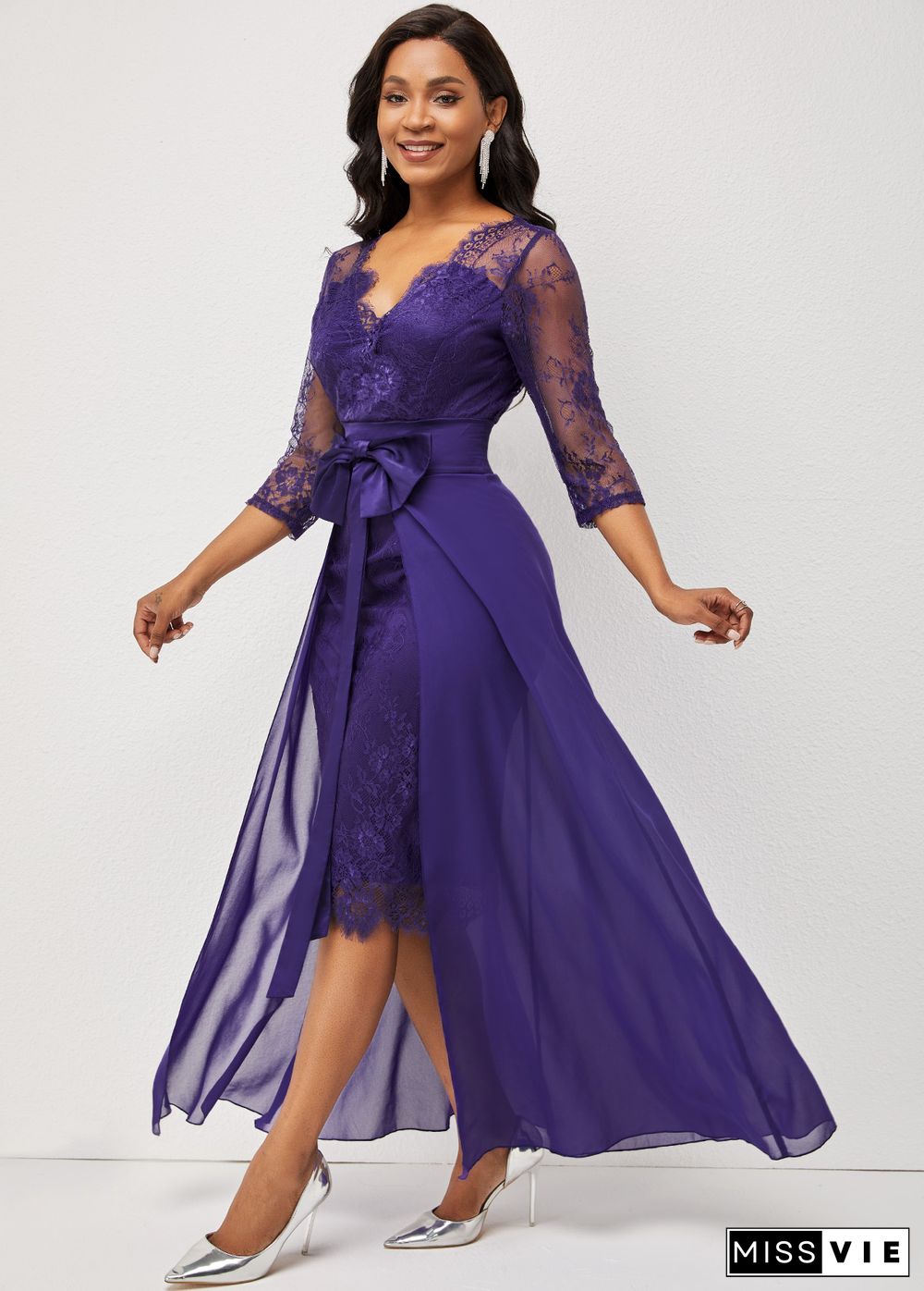 3/4 Sleeve Purple Multiway Lace Patchwork Dress