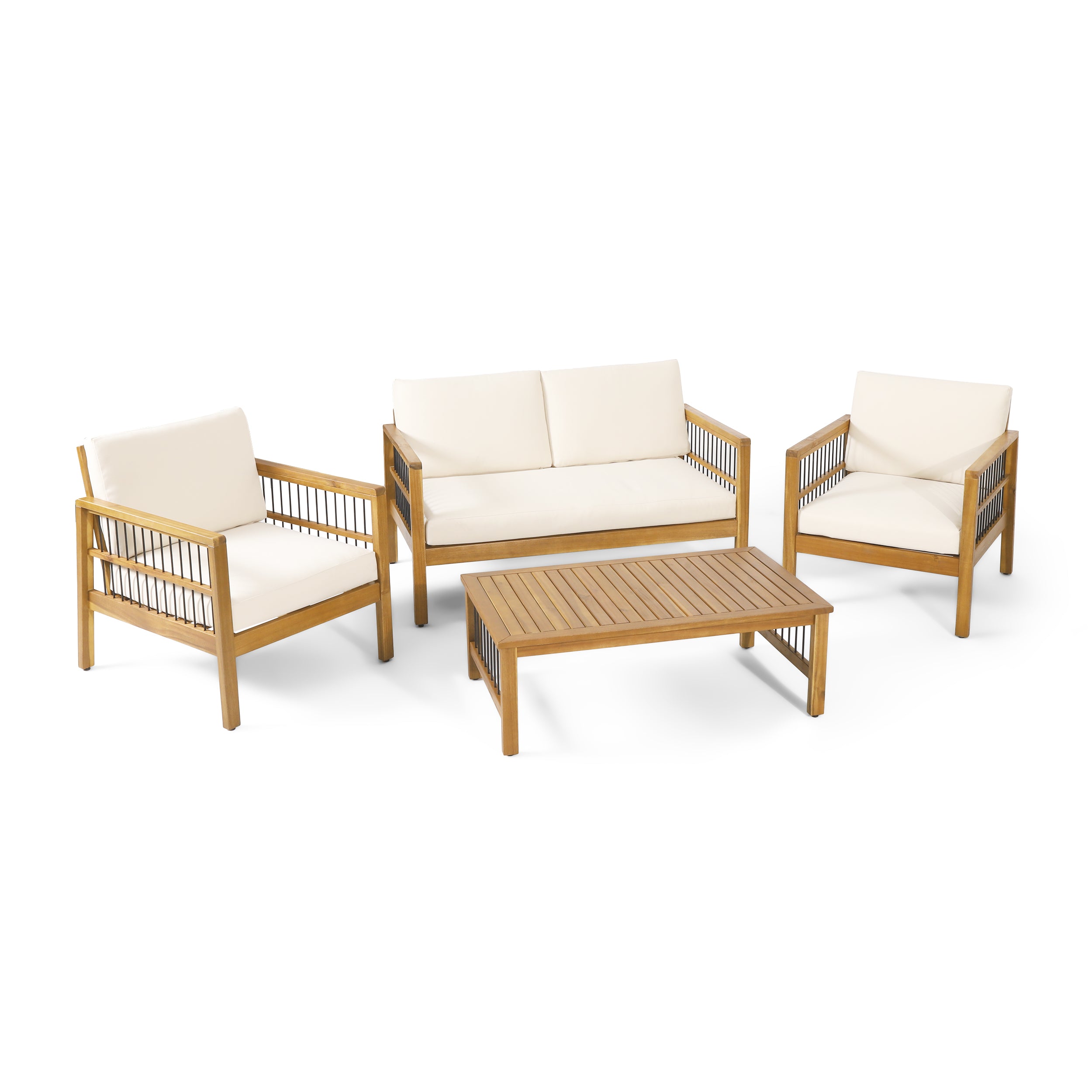 Sagewood Outdoor Acacia Wood Chat Set with Cushions, Teak and Beige