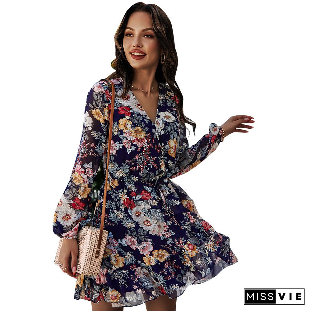 Women's Spring Summer Dresses Boho V-neck Long Sleeve Floral Print Mini Lace Up Dress Elegant Women Office Lady Vestidos