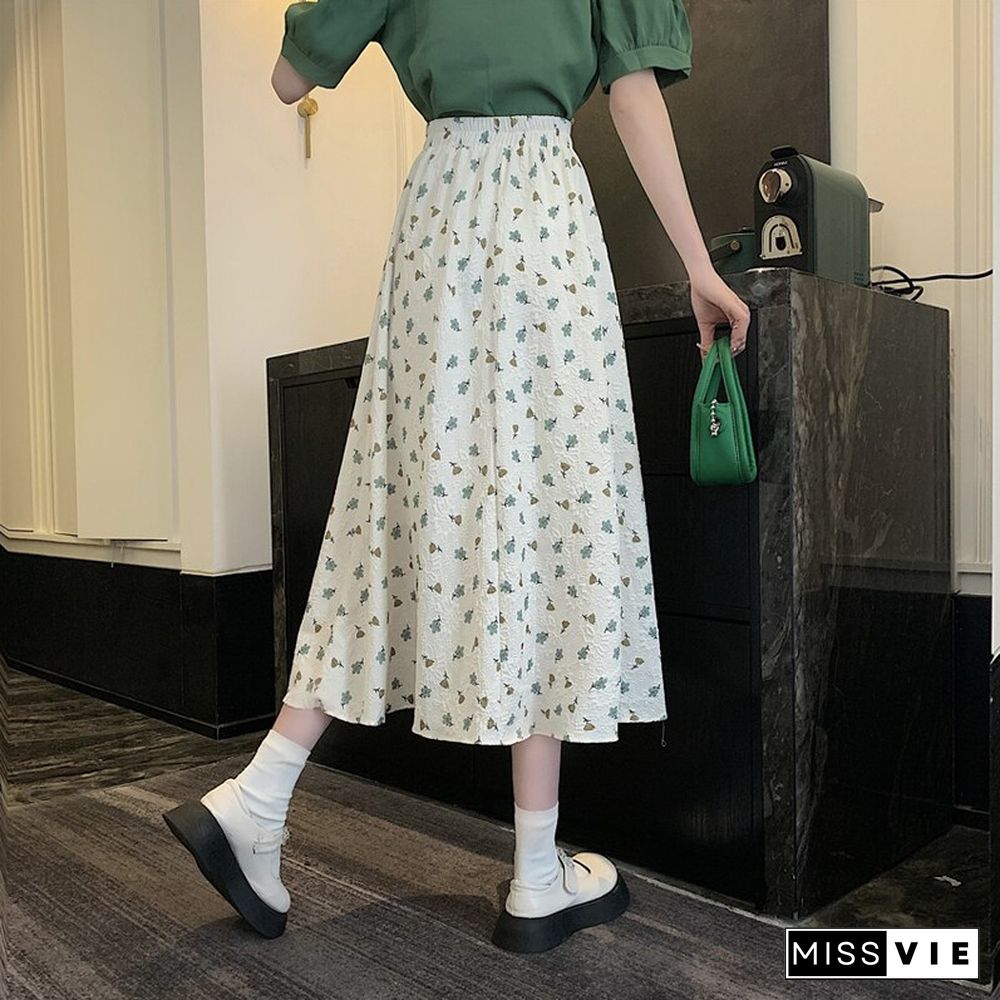 Chic Slim Women Floral Skirts Summer Vintage High Waist Elastic A-line Midi Skirts Female Casual Korean Elegant Sweet Clothing