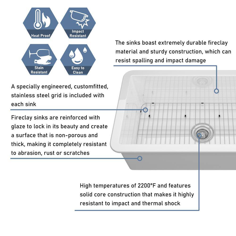 CASAINC Glossy White Fireclay 32 in. Single Bowl Undermount Kitchen Sink with Bottom Grid and Drainer CA-SN3219-W