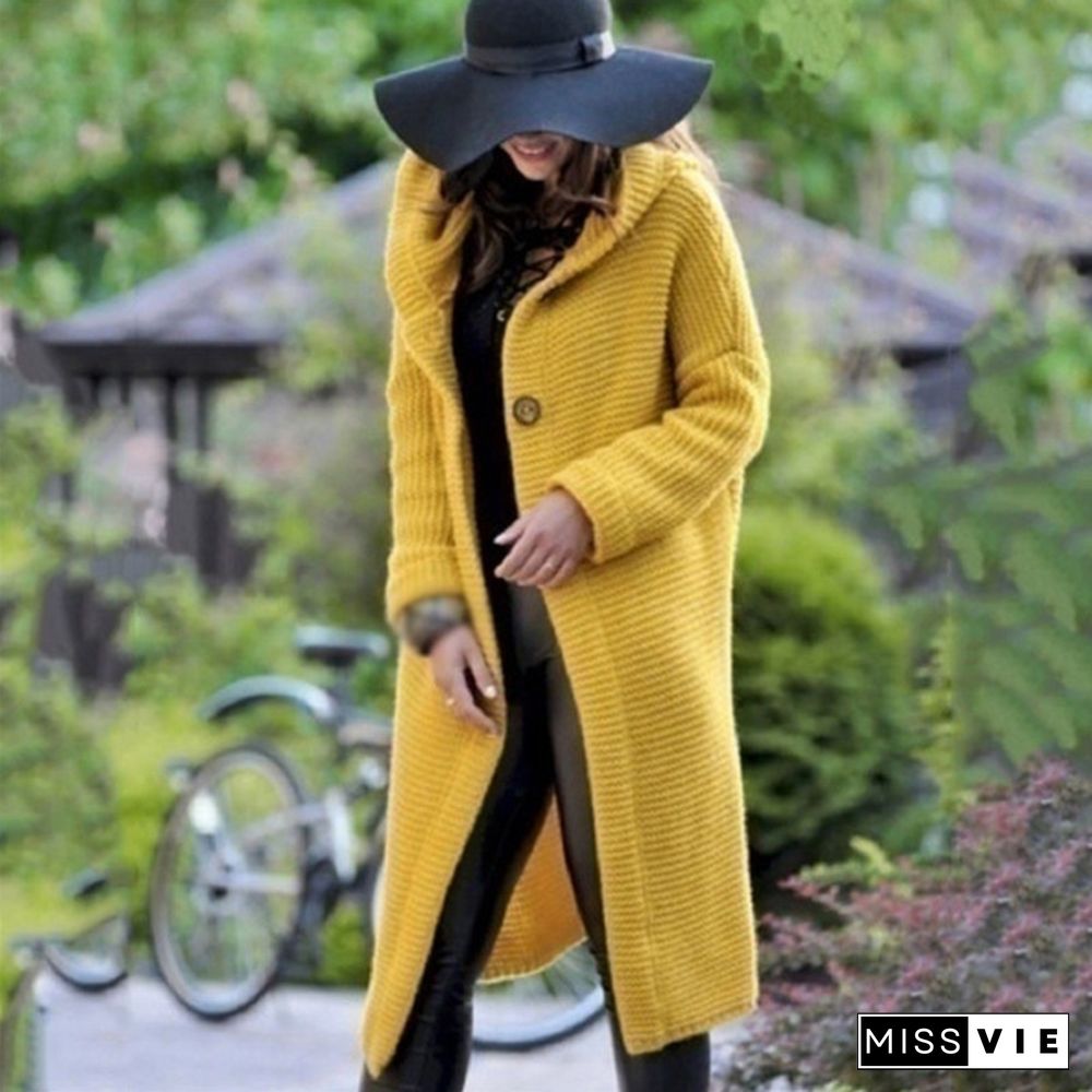 New Autumn Winter Women Hooded Coat Cardigan Sweater Coat Lady Solid Color Coat Thick Soft Fashion Jacket Long Plus Size Overcoat