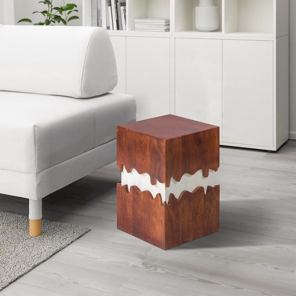 21 Inch Modern 2 T1 Acacia Wood Side End Table， Block Pedestal， Abstract Design， Walnut， White， Den， Bedroom， or Living Room