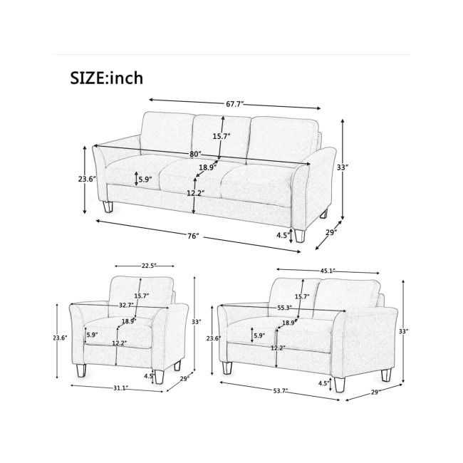 U_style Polyester blend 3 Pieces Solid Wood Sofa Set Living Furniture Room Set Upholstered Sectional Sofa with Plastic Leg