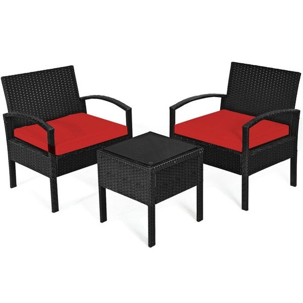 3 Pieces Outdoor Rattan Patio Conversation Set with Seat Cushions -  - 37563811