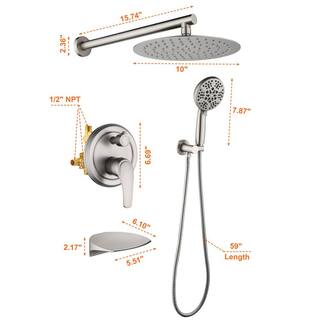 FLG Wall Mount Single-Handle 7-Spray Tub and Shower Faucet with 10 in. Rain Shower Head in Brushed Nickel (Valve Included) SS-0055-BN-10