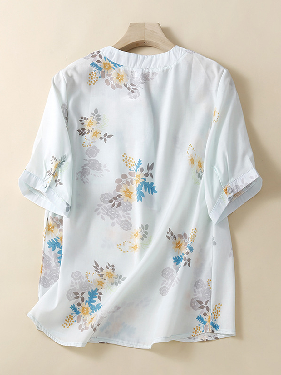 Casual Floral Print Cotton Linen Crew Neck Short Sleeve Blouse