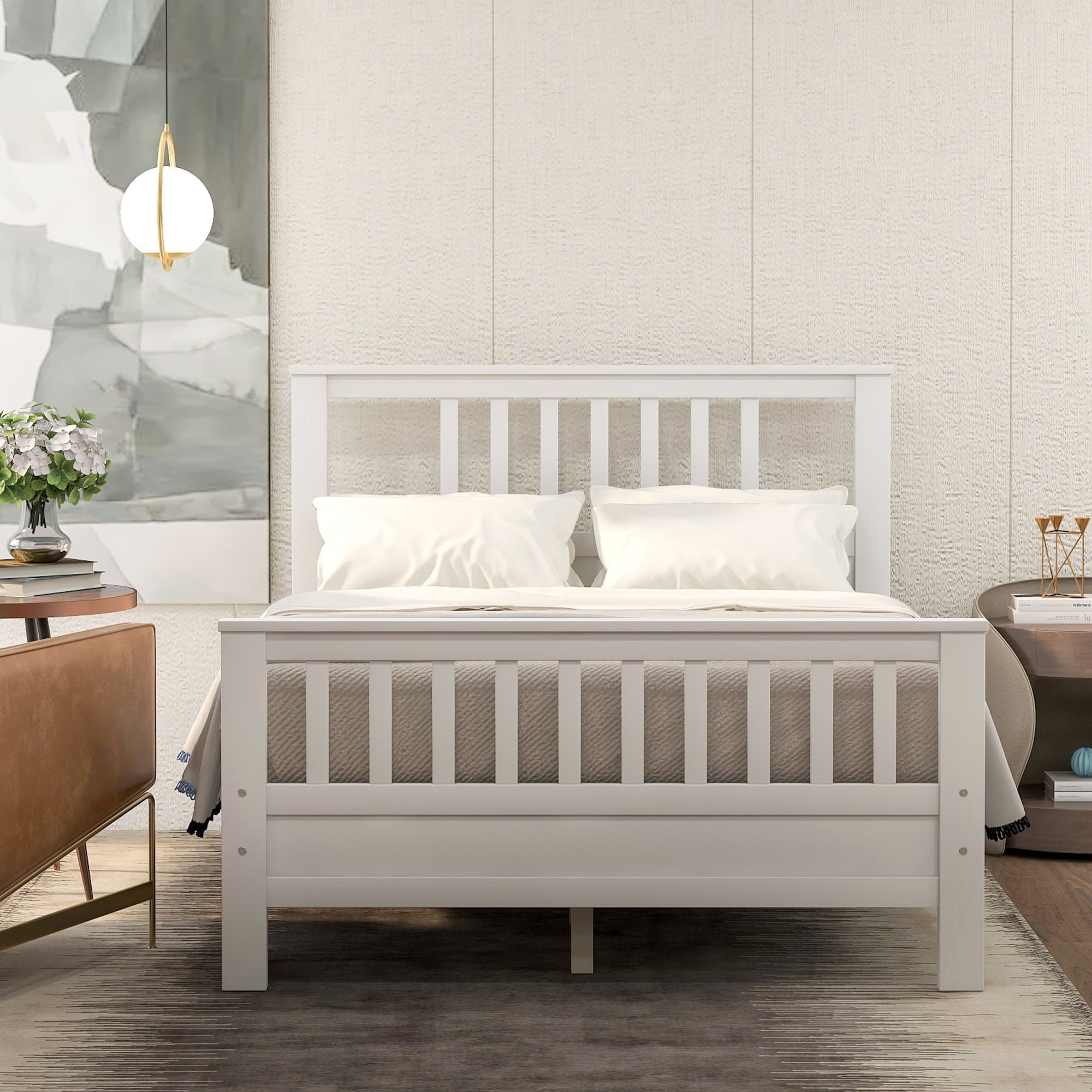 Wood Platform Bed with Headboard, Full Size for Kids (White)