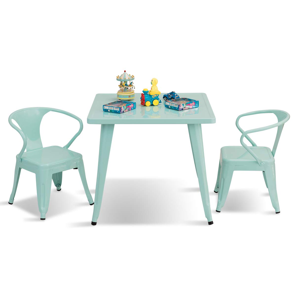 Kids Table and 2 Chair Set for Indoor/Outdoor Use, Steel Table and Stackable Chairs (Mint Green, Table & Chairs)