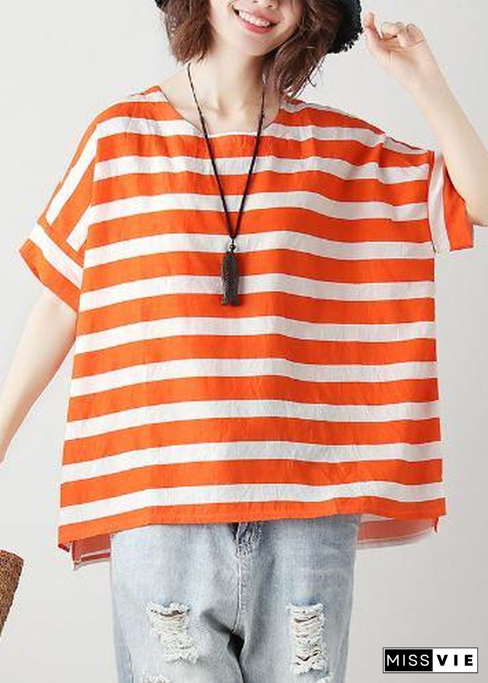 Natural orange striped cotton blouses for women o neck Batwing Sleeve Art top