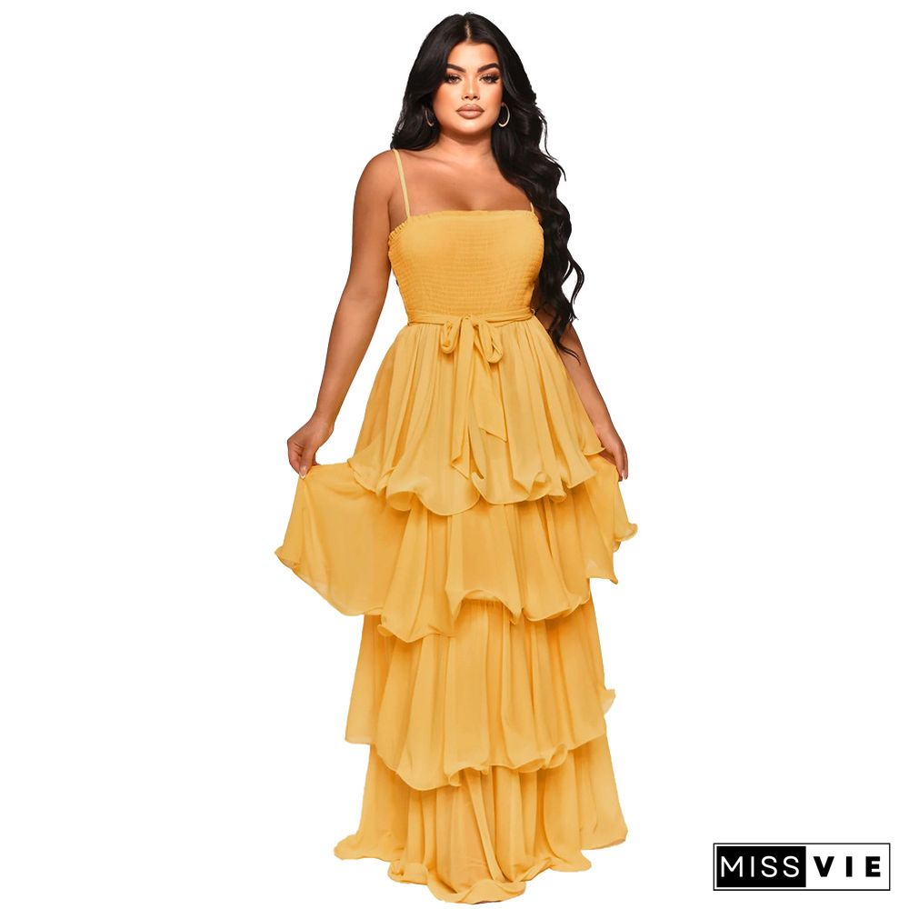 Pre-sale Solid Color Chiffon Layer Ruffle Maxi Dresses