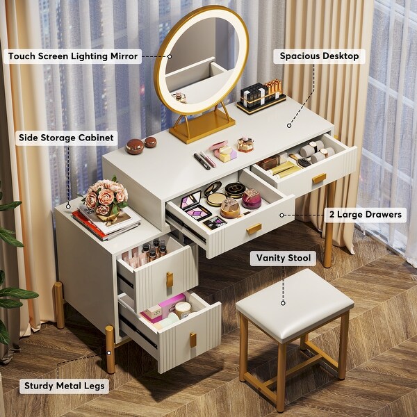 White Gold Vanity Desk with Lights and Mirror， Makup Vanity with Chair and Storage Cabinet - - 37839004