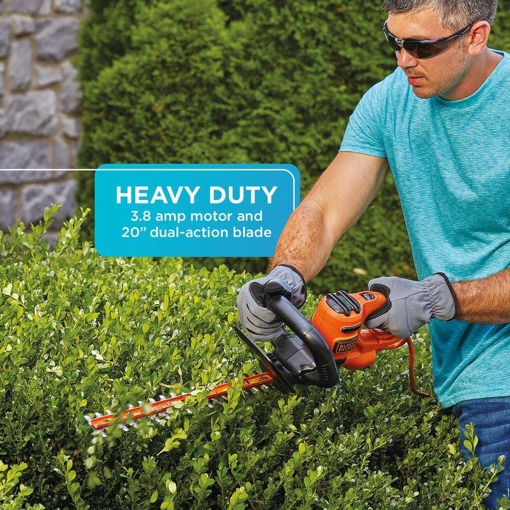 BLACK+DECKER 20 in. 3.8 AMP Corded Dual Action Electric Hedge Trimmer with Saw Blade Tip BEHTS300