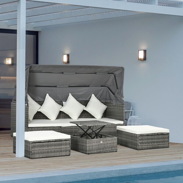 Outsunny 4 Piece Patio Furniture Set with Cushions，PE Rattan Daybed with Retractable Canopy，Outdoor Sectional Sofa Set