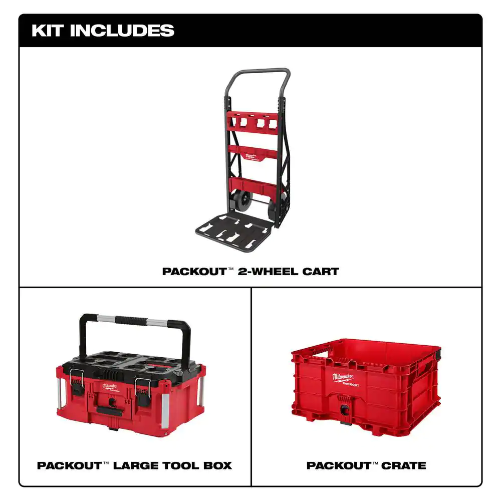 Milwaukee Packout 20 In. 2-Wheel Utility Cart With Large Tool Box And Crate (3-Piece)