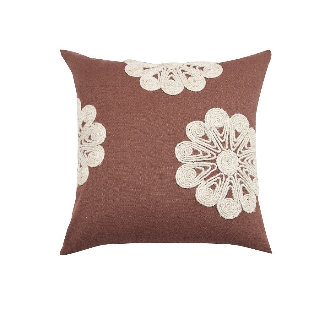 Brown Cotton Jute Dori Floral Embroidered Throw Pillow