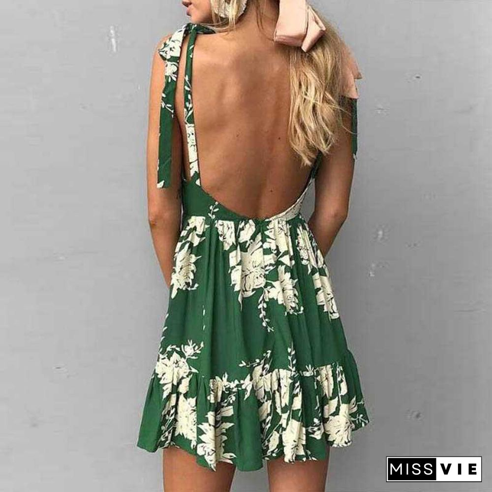 Floral Flowy Plunge Short Dress Open Backs