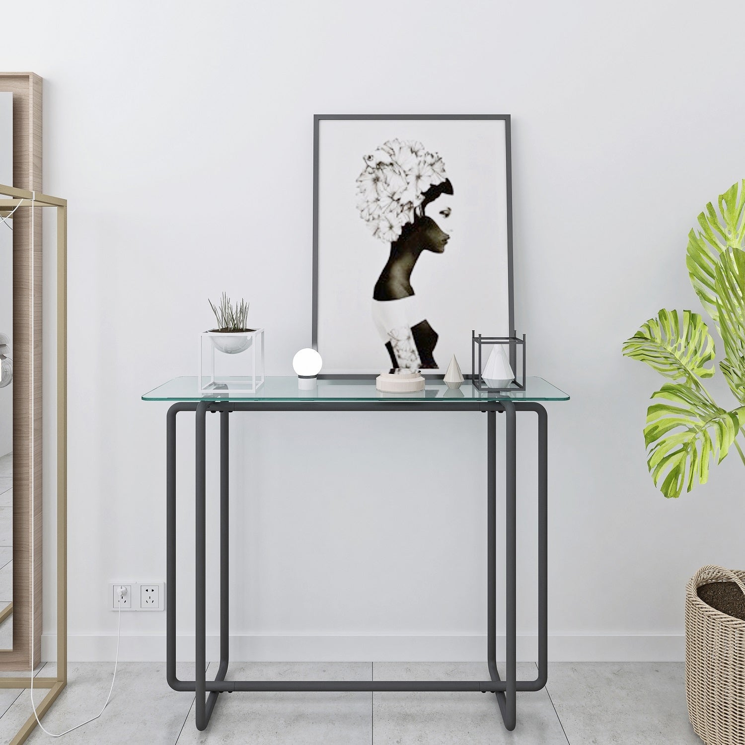 Rectangular Single Layer Console Table with Tempered Glass Tabletop