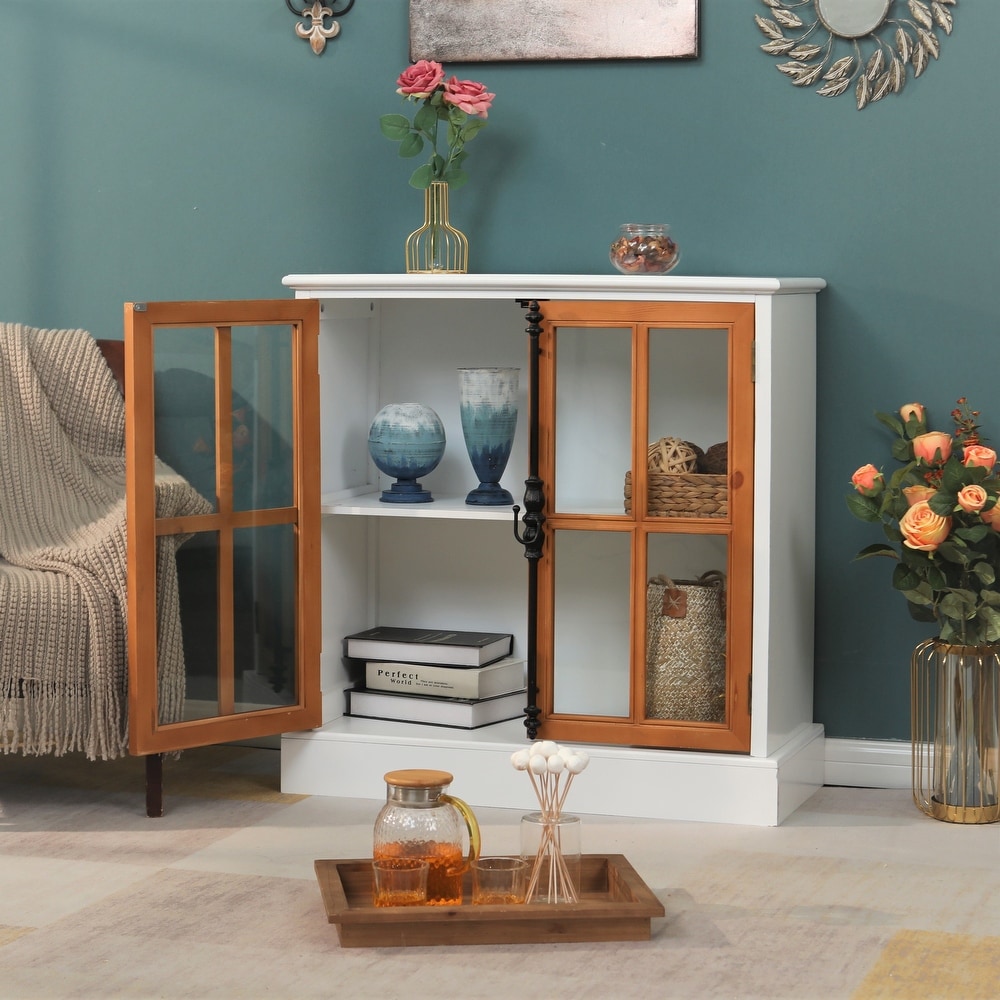 Sideboard Buffet Cabinet  Accent Wood Display Storage Cabinet with Glass Double Doors and Adjustable Shelves