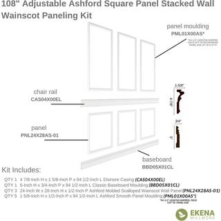 Ekena Millwork 94 12 in. (Adjustable 108 in. to 132 in.) 70 sq. ft. Polyurethane Ashford Square Panel Stacked Wall Wainscot Kit Primed WPKUST012P108