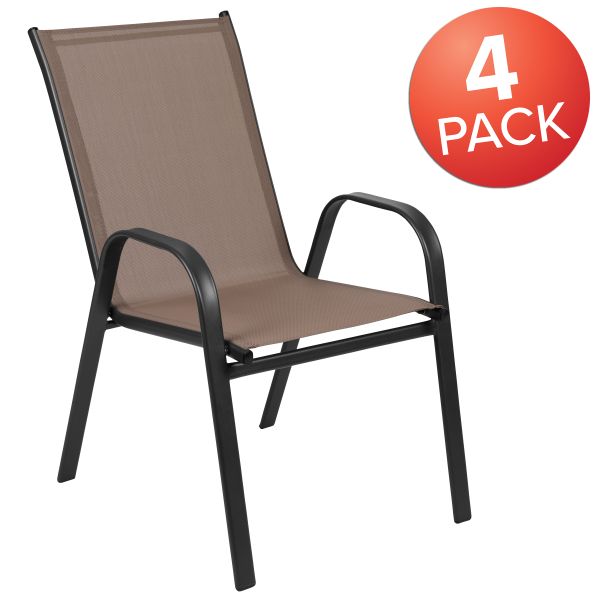 4 Pack Brazos Series Brown Outdoor Stack Chair with Flex Comfort Material and Metal Frame